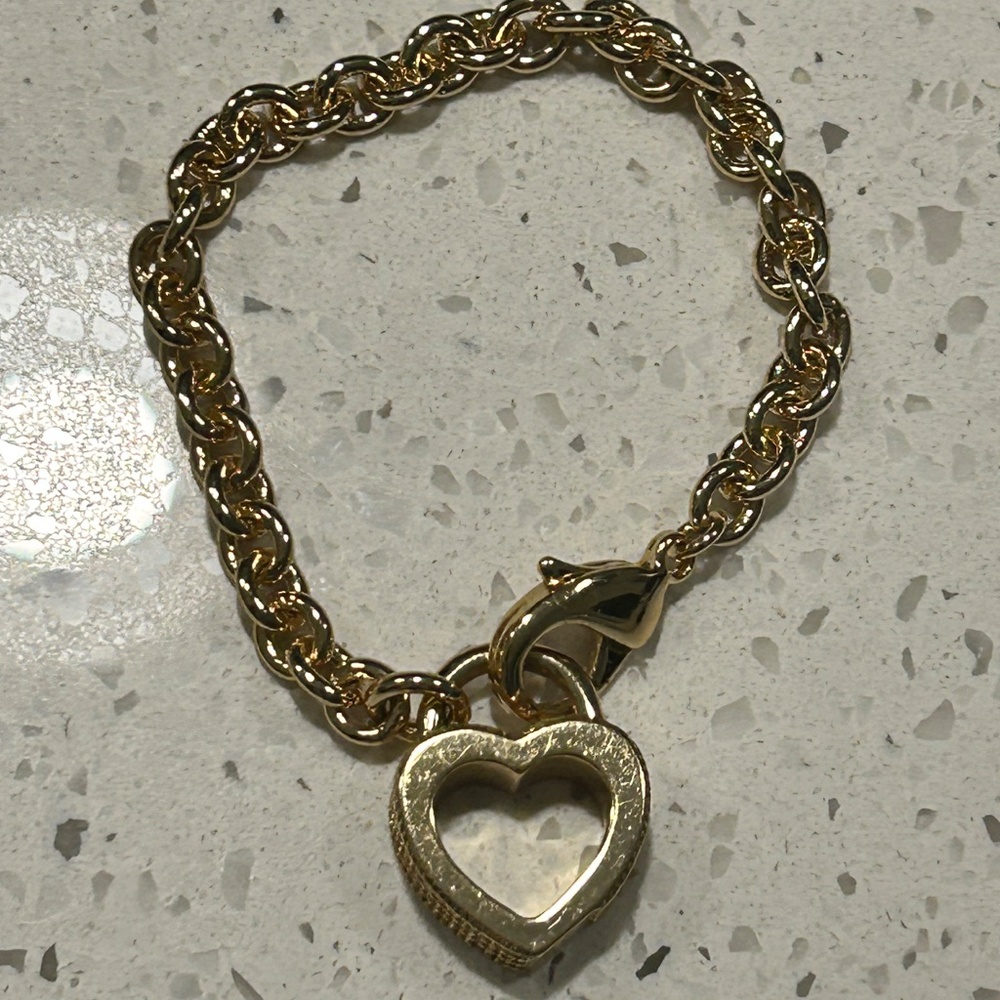 Pave Rhinestone and Gold Tone Chain Heart Charm Bracelet
